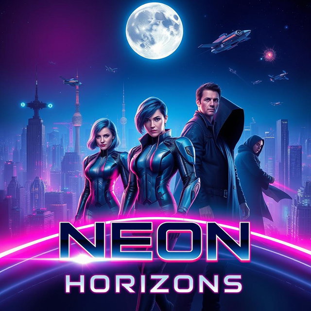 A visually captivating poster for a thrilling sci-fi series, featuring a futuristic city skyline at night filled with neon lights and flying vehicles