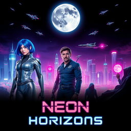 A visually captivating poster for a thrilling sci-fi series, featuring a futuristic city skyline at night filled with neon lights and flying vehicles