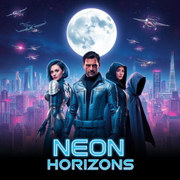 A visually captivating poster for a thrilling sci-fi series, featuring a futuristic city skyline at night filled with neon lights and flying vehicles