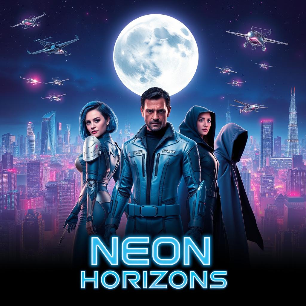 A visually captivating poster for a thrilling sci-fi series, featuring a futuristic city skyline at night filled with neon lights and flying vehicles