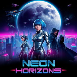 A visually captivating poster for a thrilling sci-fi series, featuring a futuristic city skyline at night filled with neon lights and flying vehicles