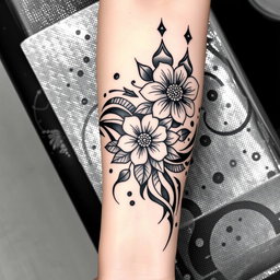 A stunning tattoo design featuring intricate tribal patterns, combined with floral elements and geometric shapes, all in black ink