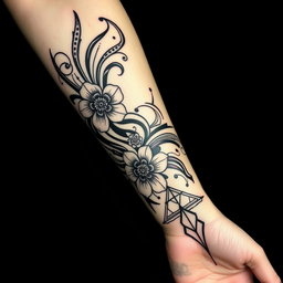 A stunning tattoo design featuring intricate tribal patterns, combined with floral elements and geometric shapes, all in black ink