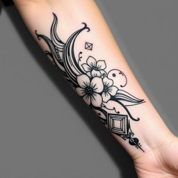 A stunning tattoo design featuring intricate tribal patterns, combined with floral elements and geometric shapes, all in black ink