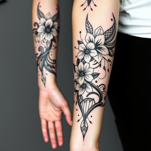 A stunning tattoo design featuring intricate tribal patterns, combined with floral elements and geometric shapes, all in black ink