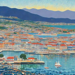 Reimagined artwork inspired by Paul Signac, 'Ports of Wellington' showcasing Wellington, New Zealand in a classic Post-Impressionist style, using distinctive dot patterns and dynamic, contrasting hues.