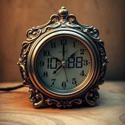 An intricate and beautiful vintage digital clock, showcasing its unique design in a soft, warm light