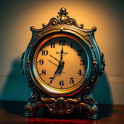 An intricate and beautiful vintage digital clock, showcasing its unique design in a soft, warm light