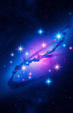 A breathtaking cosmic scene depicting the universe filled with vibrant stars sparkling in a deep blue and purple nebula