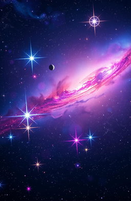 A breathtaking cosmic scene depicting the universe filled with vibrant stars sparkling in a deep blue and purple nebula