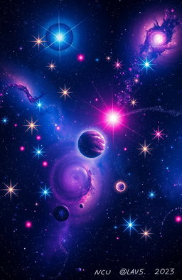 A breathtaking cosmic scene depicting the universe filled with vibrant stars sparkling in a deep blue and purple nebula