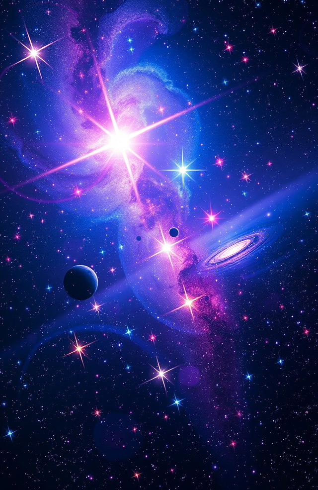 A breathtaking cosmic scene depicting the universe filled with vibrant stars sparkling in a deep blue and purple nebula