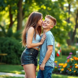 A teenage girl wearing stylish leather shorts leans in to kiss a boy in a playful and innocent moment