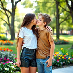 A teenage girl wearing stylish leather shorts leans in to kiss a boy in a playful and innocent moment