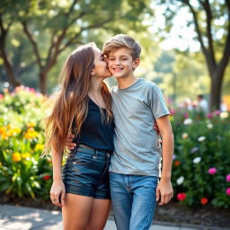 A teenage girl wearing stylish leather shorts leans in to kiss a boy in a playful and innocent moment