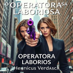 A woman aiming straightforward with a unique purple pistol that is a combination of a revolver and a pistol