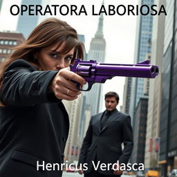 A woman aiming straightforward with a unique purple pistol that is a combination of a revolver and a pistol