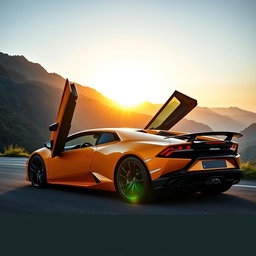 A luxurious Lamborghini parked on a scenic mountain road, showcasing its sleek design and vibrant color