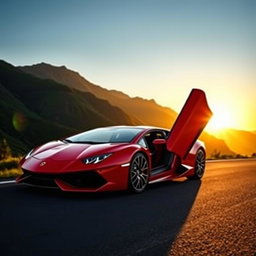 A luxurious Lamborghini parked on a scenic mountain road, showcasing its sleek design and vibrant color
