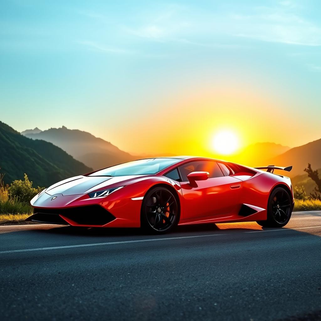A luxurious Lamborghini parked on a scenic mountain road, showcasing its sleek design and vibrant color