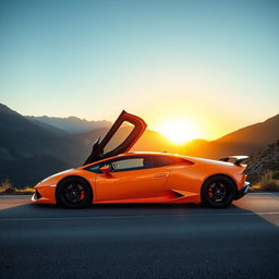 A luxurious Lamborghini parked on a scenic mountain road, showcasing its sleek design and vibrant color