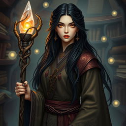 A Yuan-ti wizard woman, featuring long dark hair cascading down her back, with striking gold eyes that radiate an otherworldly charm