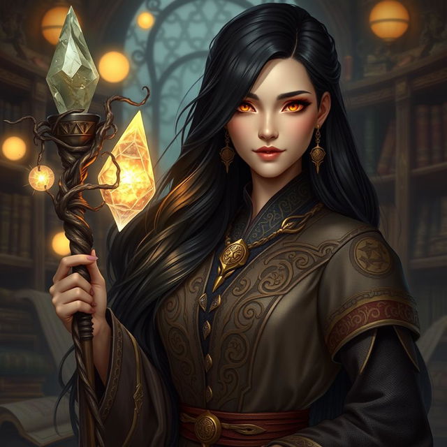 A Yuan-ti wizard woman, featuring long dark hair cascading down her back, with striking gold eyes that radiate an otherworldly charm