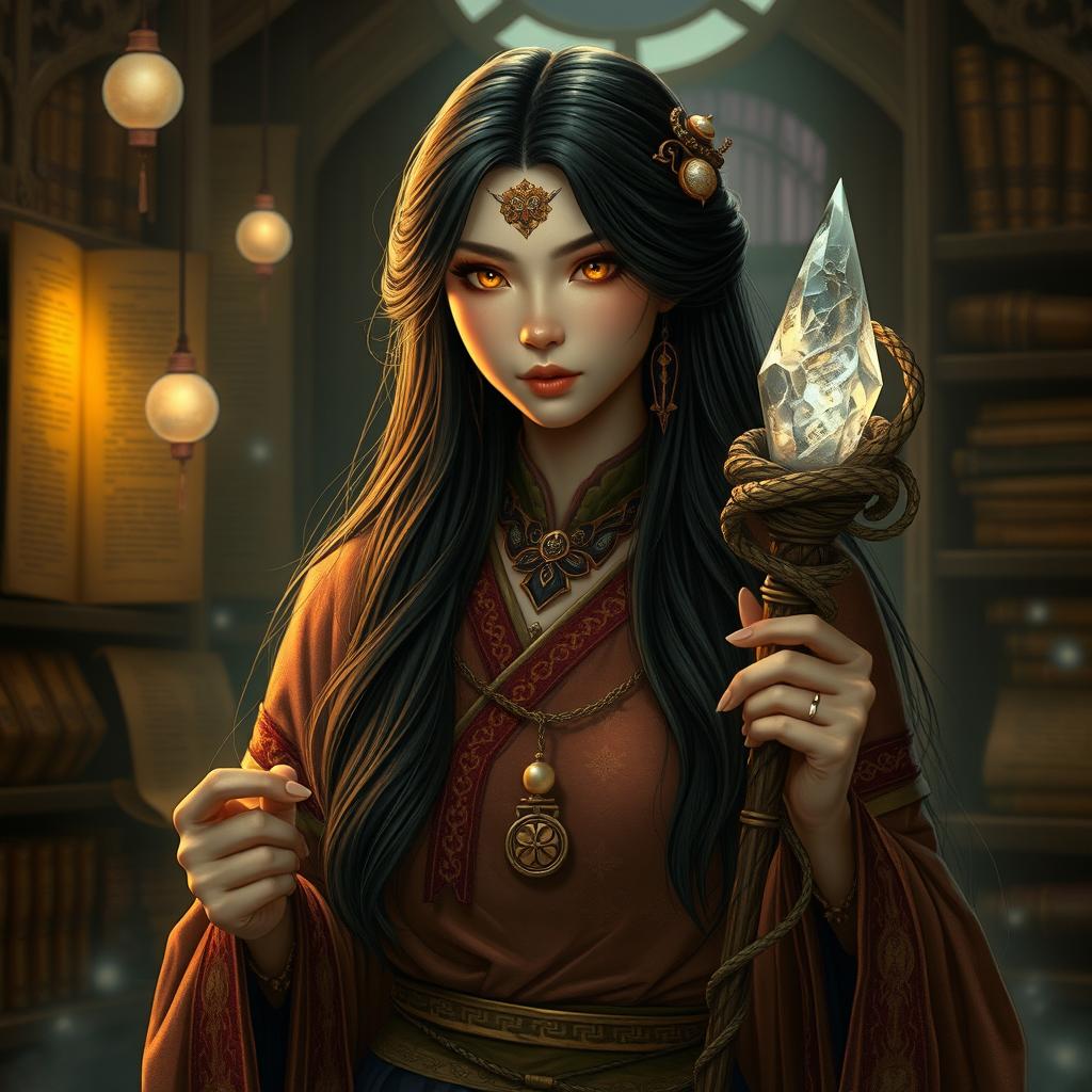 A Yuan-ti wizard woman, featuring long dark hair cascading down her back, with striking gold eyes that radiate an otherworldly charm