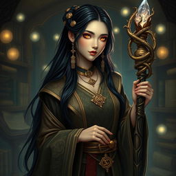 A Yuan-ti wizard woman, featuring long dark hair cascading down her back, with striking gold eyes that radiate an otherworldly charm