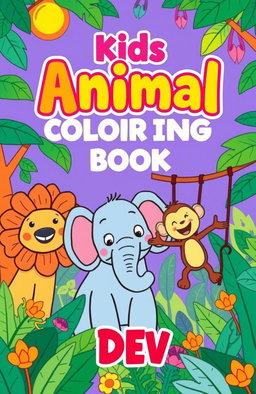 A vibrant book cover for 'Kids Coloring Book - Animals' featuring a whimsical jungle scene