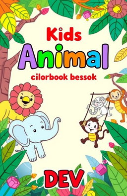 A vibrant book cover for 'Kids Coloring Book - Animals' featuring a whimsical jungle scene