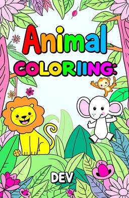A vibrant book cover for 'Kids Coloring Book - Animals' featuring a whimsical jungle scene