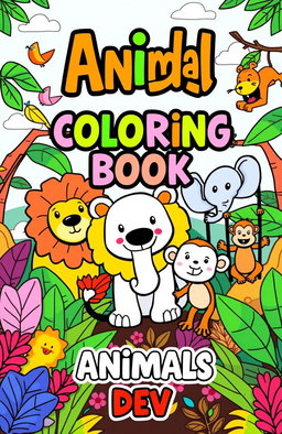 A vibrant book cover for 'Kids Coloring Book - Animals' featuring a whimsical jungle scene