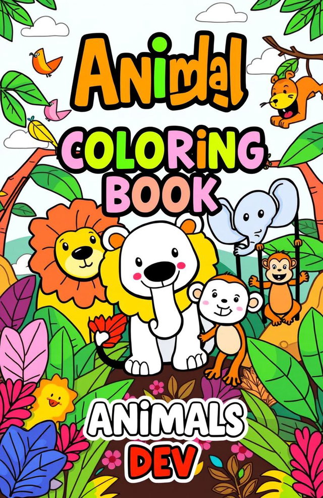 A vibrant book cover for 'Kids Coloring Book - Animals' featuring a whimsical jungle scene