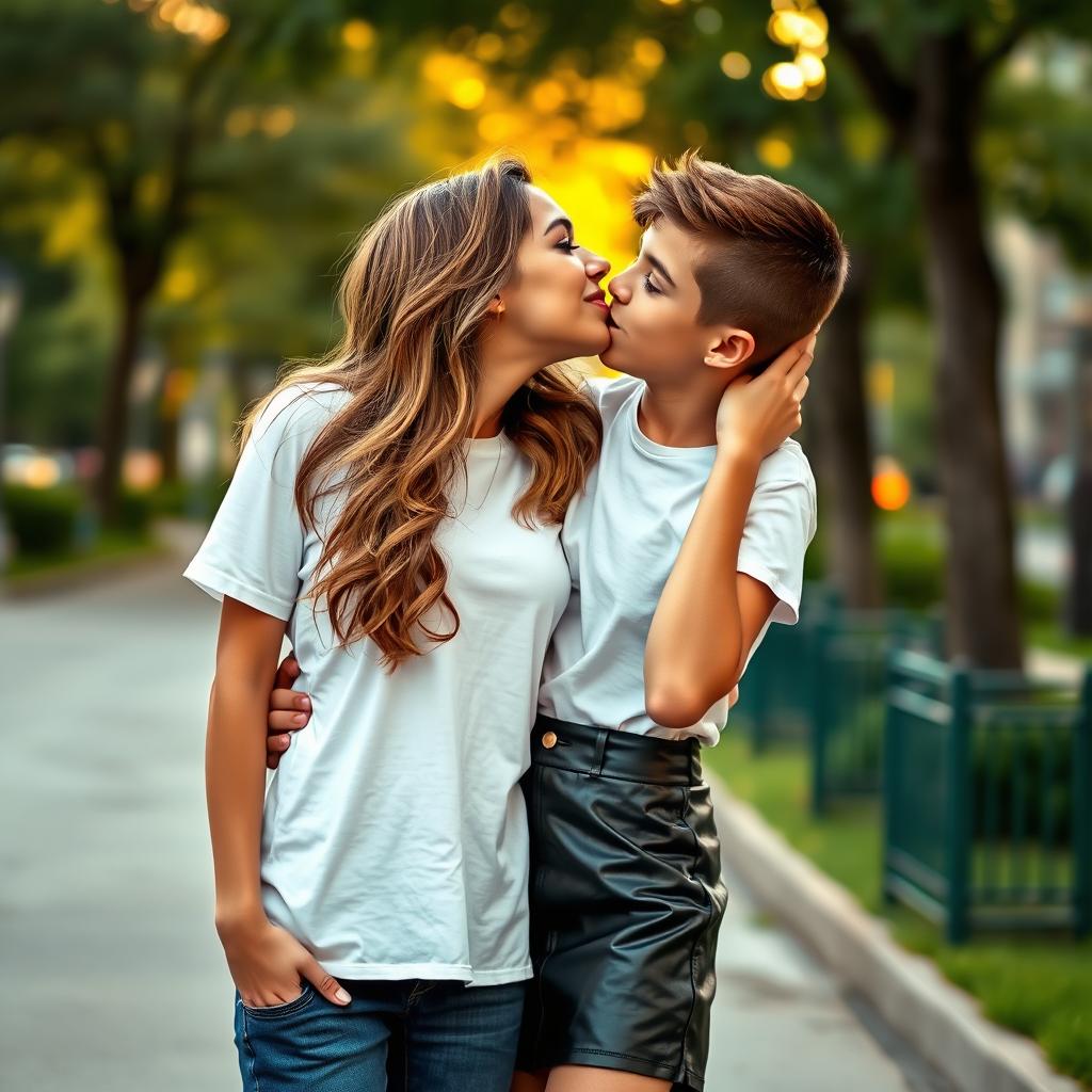 A young woman wearing a trendy leather skirt paired with a casual white t-shirt leans in to kiss a boy in a charming, affectionate moment