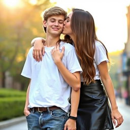 A young woman wearing a trendy leather skirt paired with a casual white t-shirt leans in to kiss a boy in a charming, affectionate moment