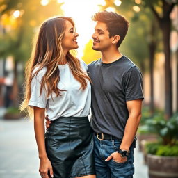 A young woman wearing a trendy leather skirt paired with a casual white t-shirt leans in to kiss a boy in a charming, affectionate moment