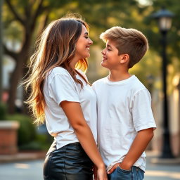 A young woman wearing a trendy leather skirt paired with a casual white t-shirt leans in to kiss a boy in a charming, affectionate moment