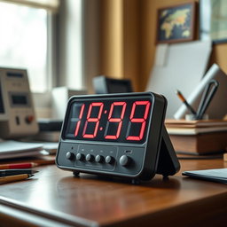 An old-fashioned digital desk clock, featuring a retro design with large red LED numbers, sitting on a wooden desk