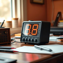 An old-fashioned digital desk clock, featuring a retro design with large red LED numbers, sitting on a wooden desk