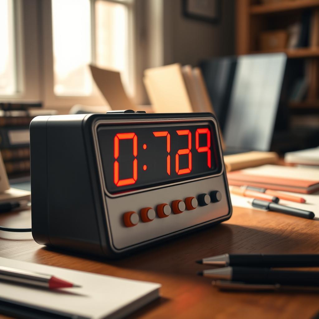 An old-fashioned digital desk clock, featuring a retro design with large red LED numbers, sitting on a wooden desk