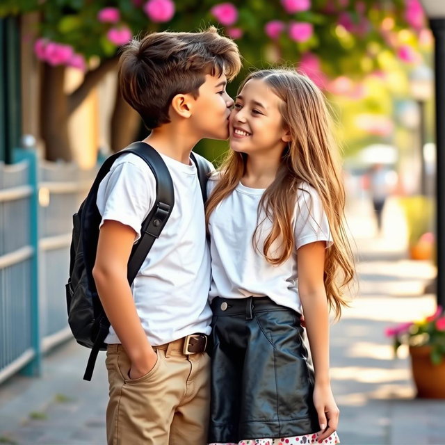 A young boy confidently wearing a trendy leather skirt along with a casual white t-shirt leans in to kiss a girl in a sweet and affectionate moment