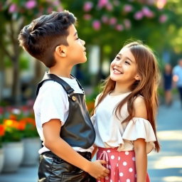 A young boy confidently wearing a trendy leather skirt along with a casual white t-shirt leans in to kiss a girl in a sweet and affectionate moment