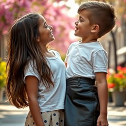 A young boy confidently wearing a trendy leather skirt along with a casual white t-shirt leans in to kiss a girl in a sweet and affectionate moment