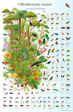 A vibrant and detailed biodiversity register featuring a wide array of plants and animals in their natural habitats