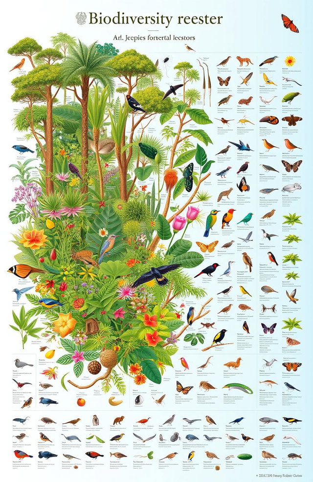 A vibrant and detailed biodiversity register featuring a wide array of plants and animals in their natural habitats
