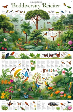 A vibrant and detailed biodiversity register featuring a wide array of plants and animals in their natural habitats