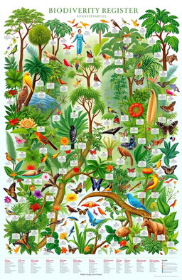 A vibrant and detailed biodiversity register featuring a wide array of plants and animals in their natural habitats