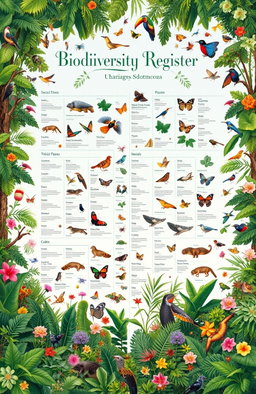 A vibrant and detailed biodiversity register featuring a wide array of plants and animals in their natural habitats