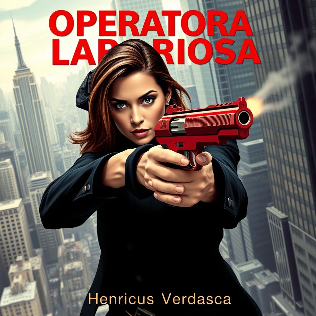 A powerful woman leaning forward, looking determined and aiming straight ahead with a distinctive red pistol that combines elements of both a revolver and a modern pistol